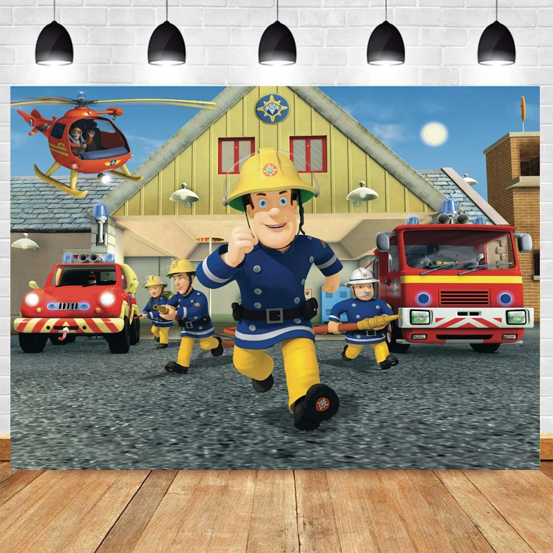 

Fireman Sam Photography Backdrop Boys Firefighter Engine Birthday Party Kids Photo Background Prop Booth Decoration Banner