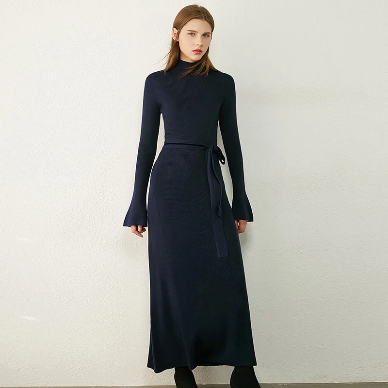 

Amii Autumn Winter Dresses For Women Causal Temperament Solid Turtleneck Knitted Slim Fit Ankel-length Sweater Dress 12030498