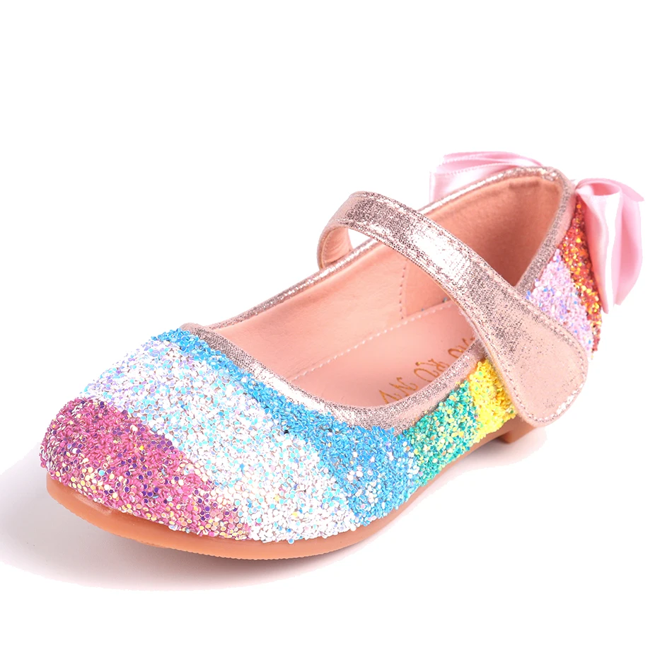 Girl Rainbow Glitter Wedding Party Mary Jane Shoes Kid Bowknot Back Slip on Ballerina Flats Children Bridesmaids Heel Pump |
