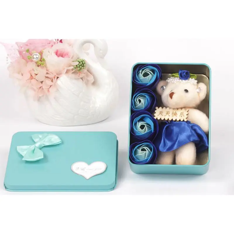 4 шт. Ароматические розы Лепестки букет Подарочная коробка с медведем мыло для