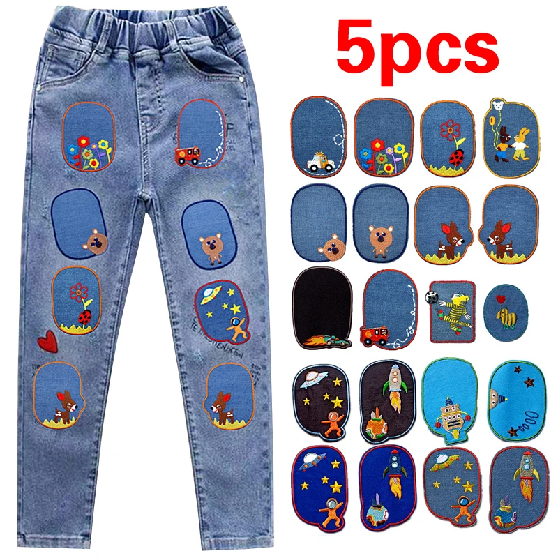 5Pcs Cartoon Jeans Patch Iron On Denim Patches Embroidered Sewing Repair Elbow Knee For Children Kids Clothes | Аксессуары для