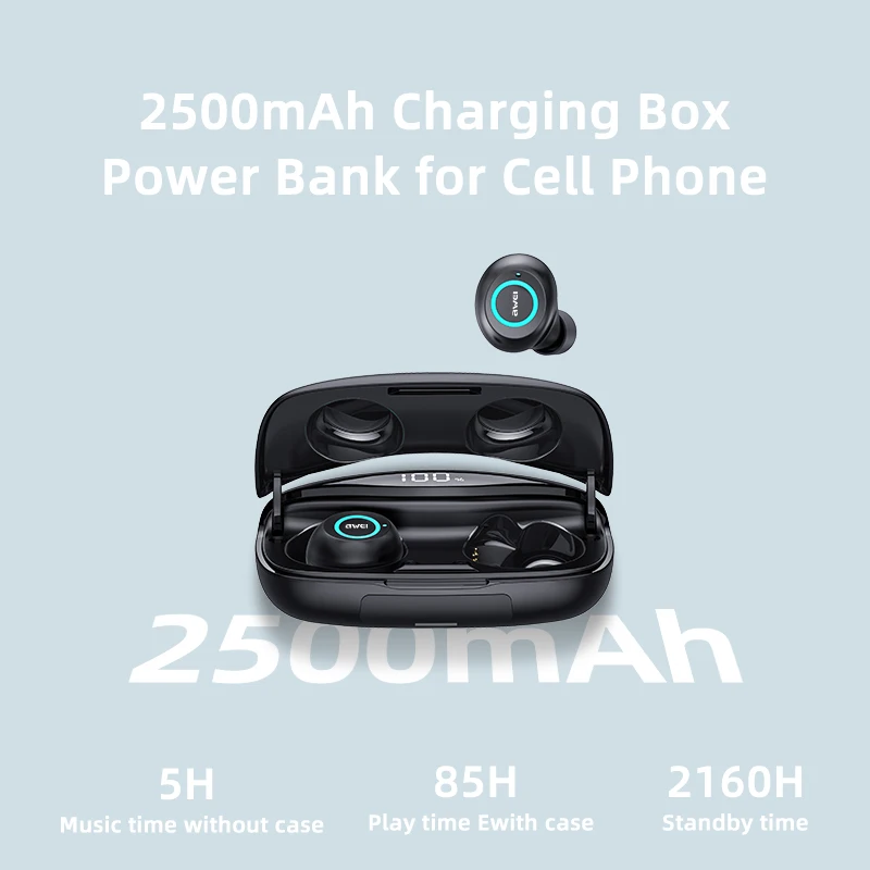 TWS стереонаушники AWEI T19 с поддержкой Bluetooth 5 0 и зарядным футляром на 2500 мА ·