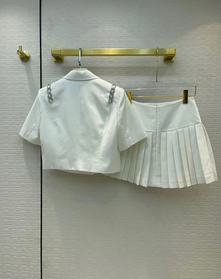 Fashion Two Piece Skirt Set for Women Summer New Preppy Style Chain Decoration Short Sleeve Shirt with Solid Pleated Skirts Lady