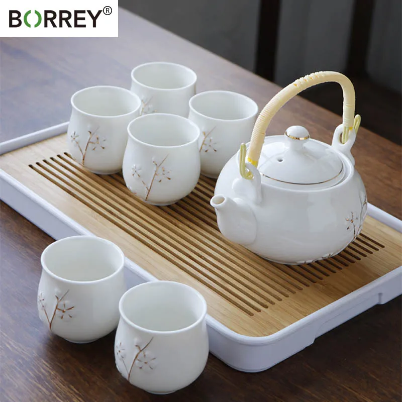 

Керамический чайный набор BORREY, комплект из 7 предметов в китайском стиле ретро, с фильтром, поднос для чая, чайник для Пуэра, домашний чайник, ...