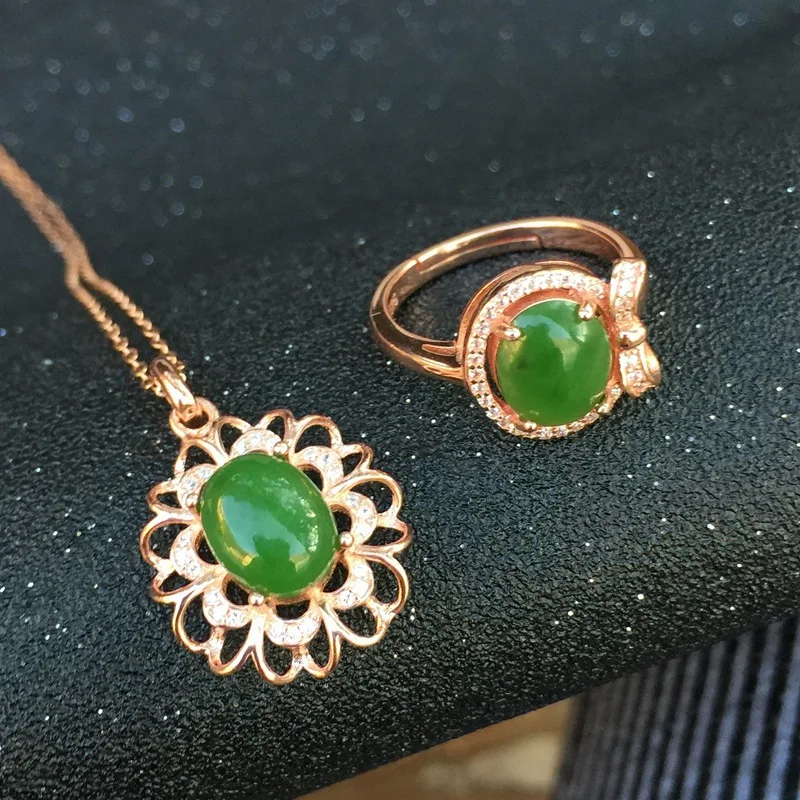 Ожерелье и кольцо из натурального нефрита серебро 925 пробы | Украшения аксессуары