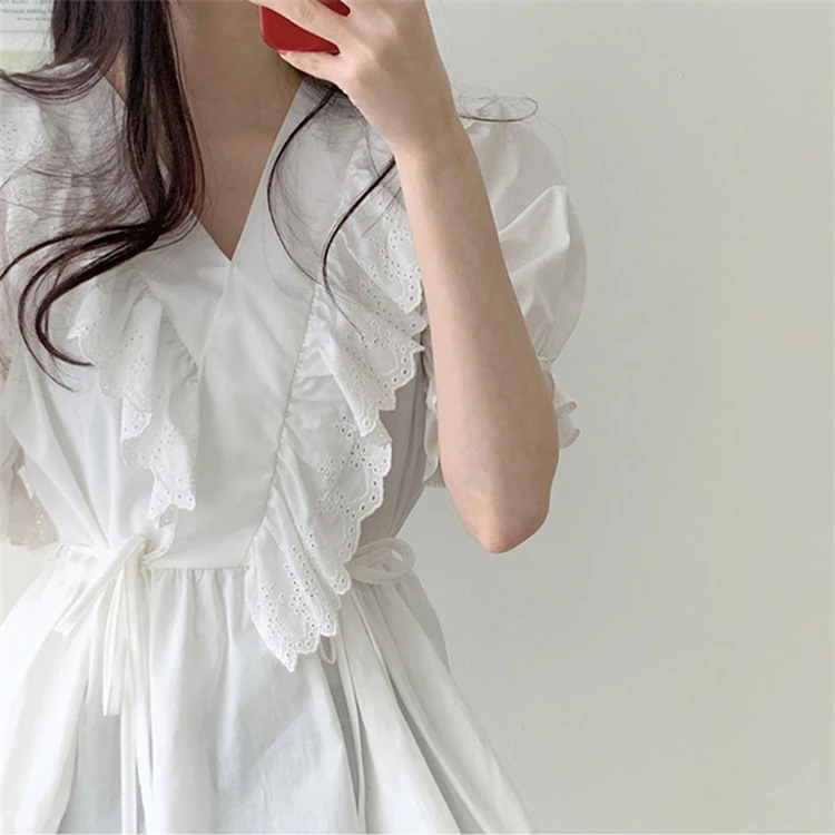 Новый 2021 летние женские блузки с v-образным вырезом буфами на рукавах в винтажном