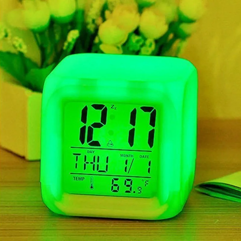 7 Color Variable Multi-Function Bedroom Kids LED Change Digital Glowing Alarm Clock Thermometer Changable Electronic | Дом и сад