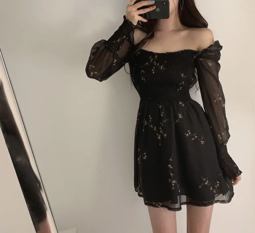 

Long Puff Sleeve Chiffon Dresses Korean Casual Mini Vestidos Mujer Clothes 2021 Autumn Womens Sexy Black Dress Vintage Flower