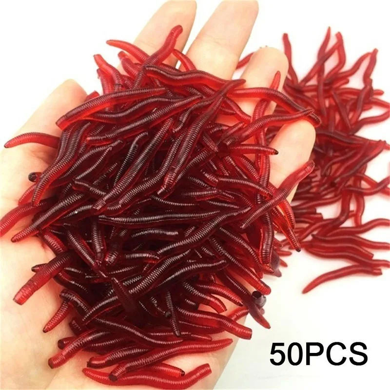 

50PCS Lifelike red worm soft bait 35mm smelly shrimp umami artificial silicone fishing fishy smell shrimp worm additive sea bass