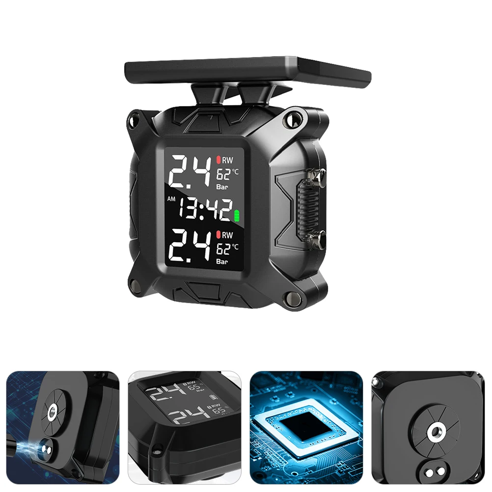 

NEW-Wireless Motorcycle TPMS Tire Pressure Monitoring System Solar External Sensor LCD Display Temperature Monitor Alarm
