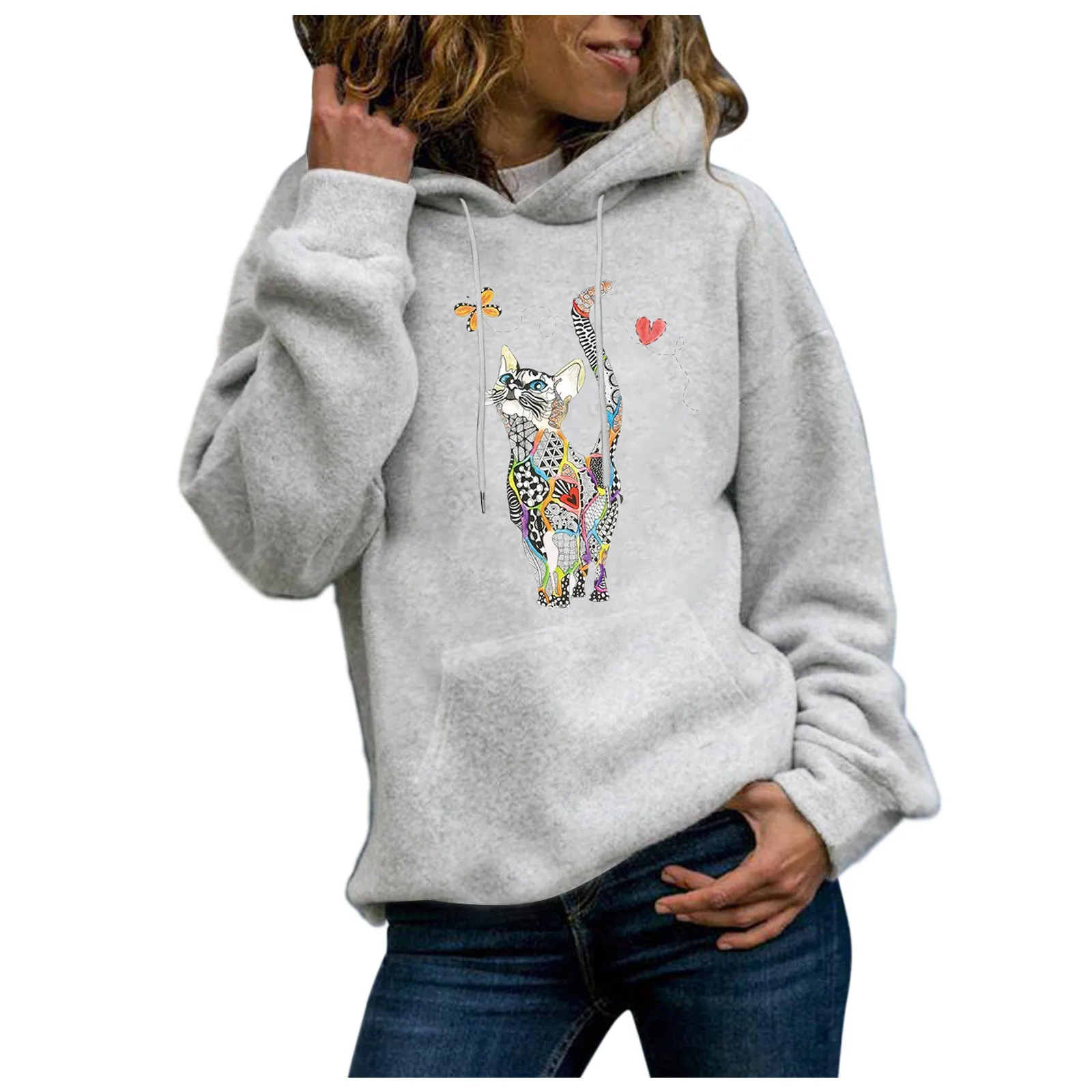 59# Women Fashion Tops Blouse 2021 Lady Long Sleeve Cat Print Hoodie Sweatshirt Jumper Hooded Pullover Solid Color Blouse