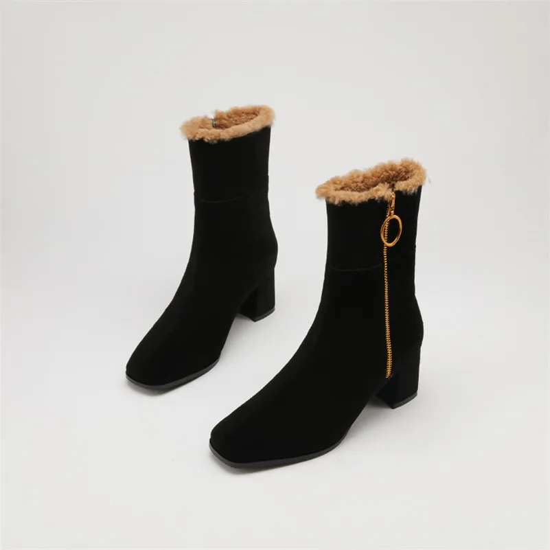 

Meotina Real Wool Fur Kid Suede High Heel Ankle Boots Women Shoes Square Toe Zipper Chunky Heels Short Boots Ladies Winter 33-40