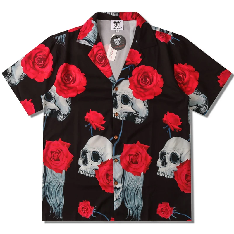 

Mens Oversize Hawaiian Shirts Rose Skeleton Print Turn-Down Collar Polo Shirt Unisex HipHop Streetwear Holiday Male Tropical Top