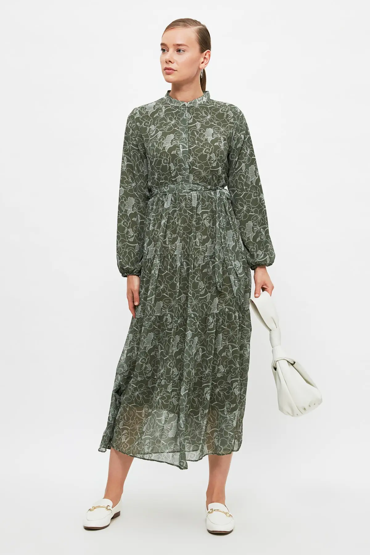 

Green Flower Pattern Chiffon Dress Belt Detail Fashion Muslim Women Hijab Dress