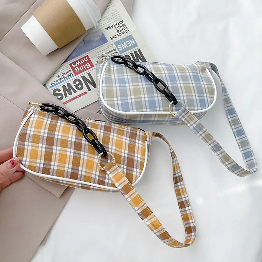 

Women Plaid Printed Handbag Fashion Cotton Cloth Shoulder Underarm Purse with Thick Chain Casual Travel Zipper Colsure Bags