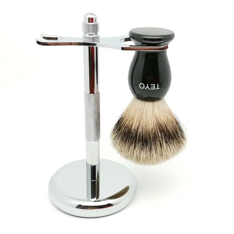 TEYO Silvertip Badger Hair Shaving Brush and Shaving Stand Set Perfect for Wet Shave Cream Beard Brush