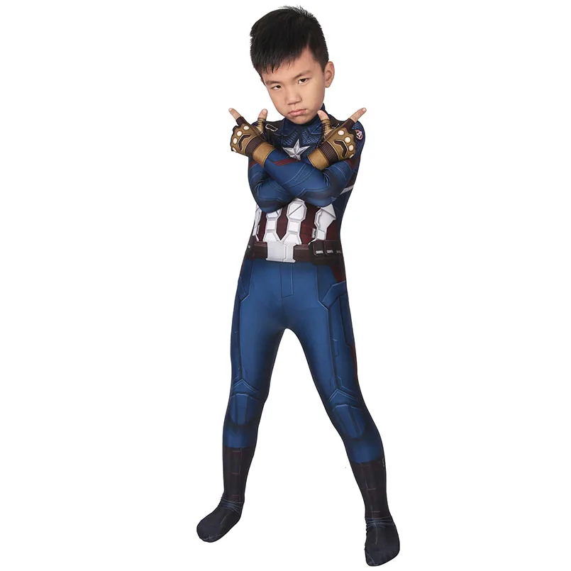 

Kids Superhero End Game Captain Steven Rogers Jumpsuit Cosplay Costume For Children Halloween Masquerade Party Bodysuit