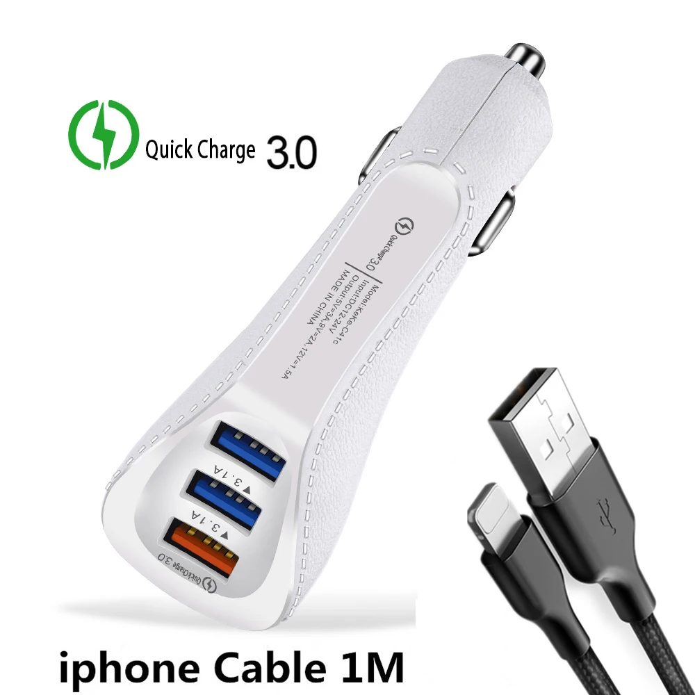White ip Cable Хорошее автомобильное зарядное устройство с 3 портами USB для телефона 3,0 А Быстрая зарядка QC для Iphone samsung huawei Xiaomi зарядное устройство для зарядки телефона - Тип штекера: White ip Cable
