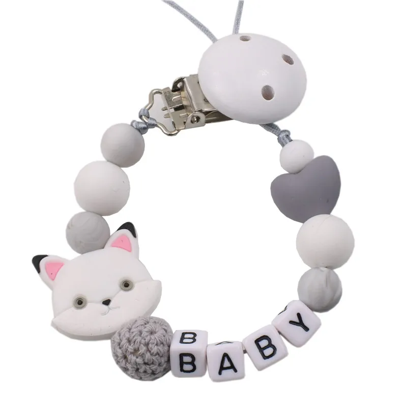 

Baby Teether Customizable Baby Bear Silicone Pacifier Anti-drop Chains Silicone and Wood Beads Animal Cute Pacifier Clips Chains