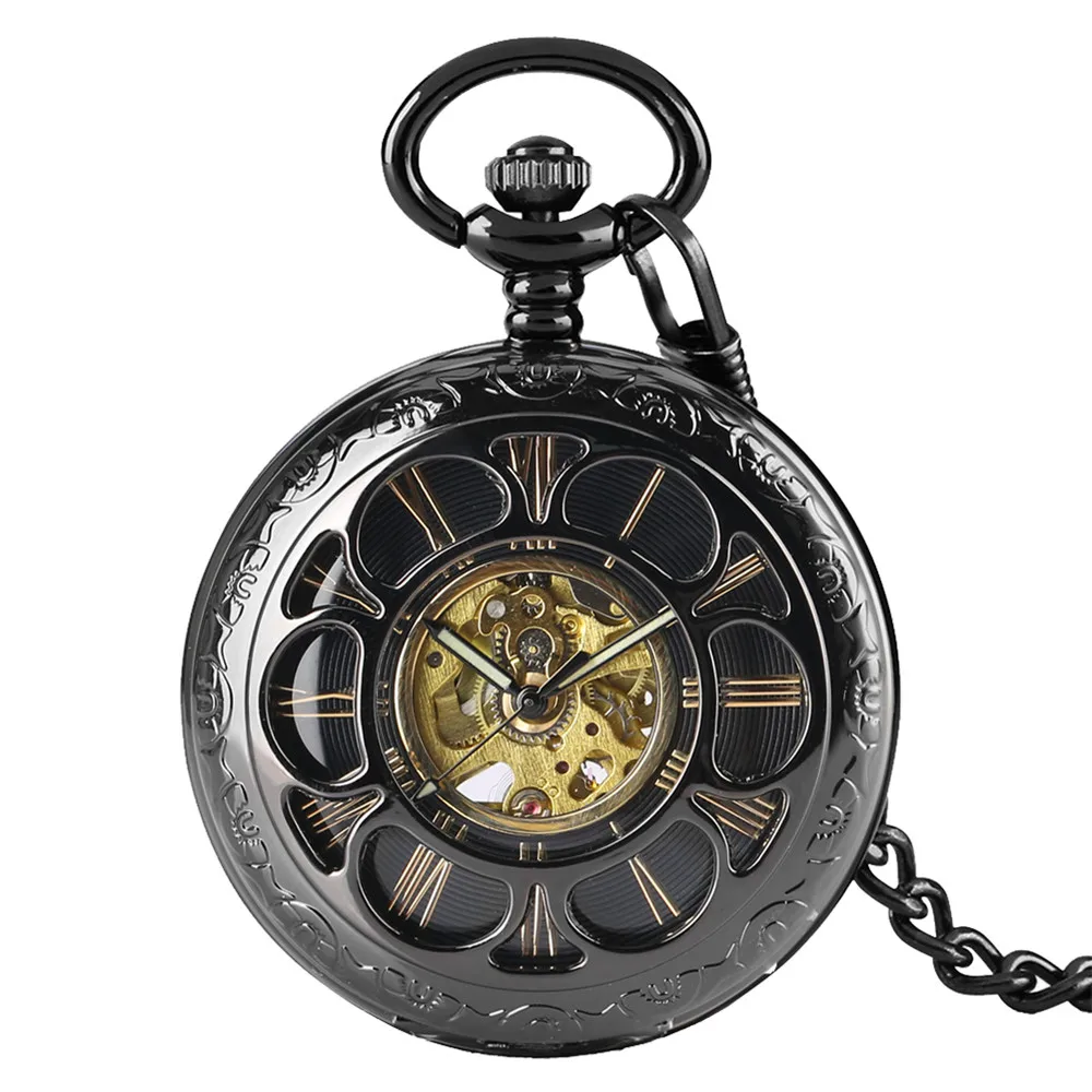 Gold Roman Numerals Automatic Mechanical Pocket Watch Hollow Pumpkin Flower Cover Self Winding Retro Pocket Timepiece reloj