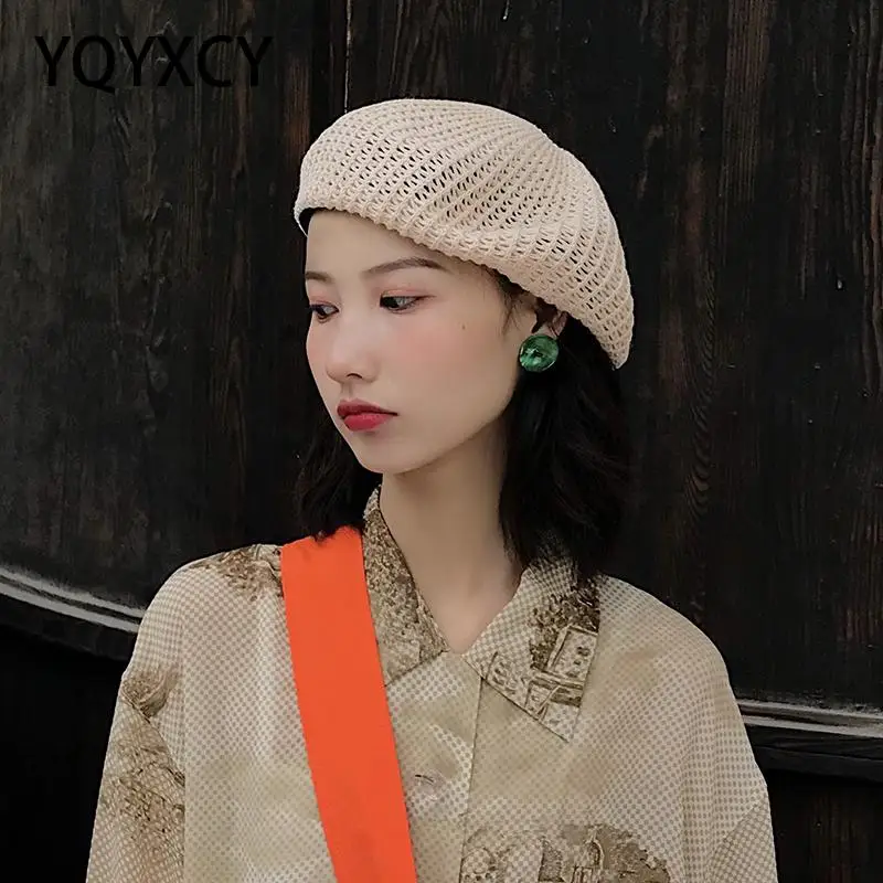 

Summer Beret Female Hats For Women Knitted Breathable Beret Hat Korean Artist Cap Sunscreen Travel Vacation Flat Cap New
