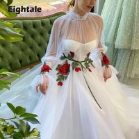 eightale white and red flowers prom dress 2021 high neck tea length long sleeves evening gown party graduation vestido de festa