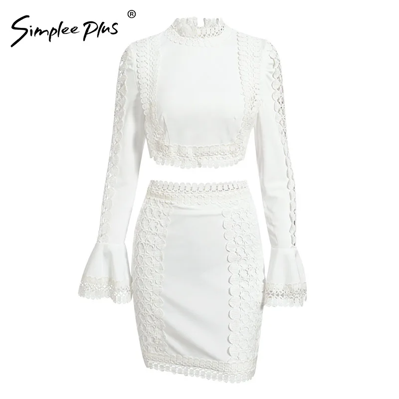 Simplee Plus Elegant lace bodycon White dress two pieces suits women Sexy hollow out autumn sets party club mini | Женская одежда