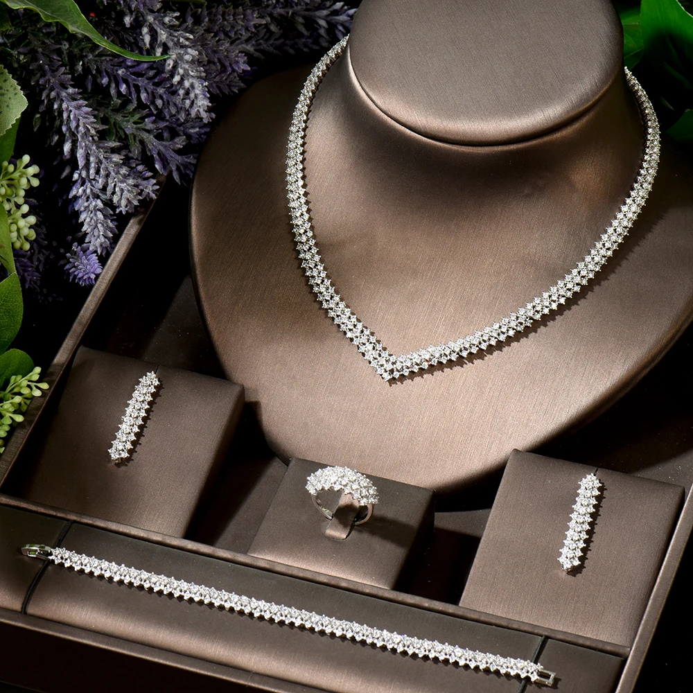 

HIBRIDE Charms 4pcs Round Necklace and Earring Set Cubic Zirconia Jewelry Set for Women Bridal Wedding Accessories Dubai N-1898