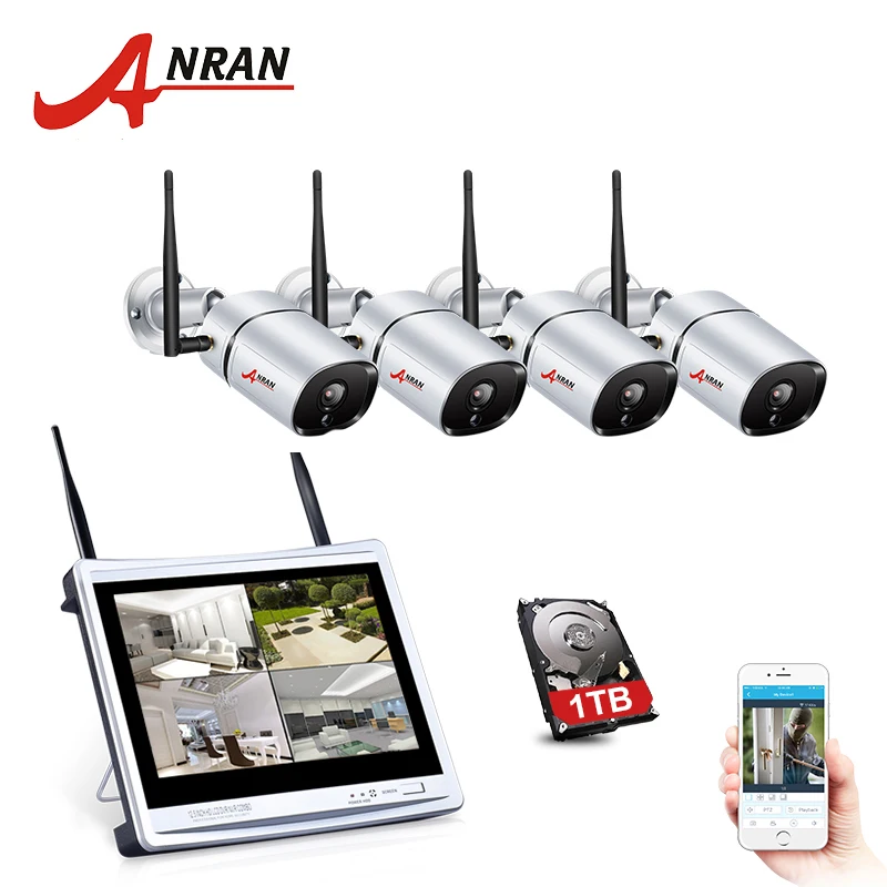 H.265 CCTV 12 дюймов lcd 1080P 4CH NVR комплект монитор 36 IR Открытый IP wifi камера видеонаблюдения безопасности Беспроводная система комплект 1 ТБ HDD