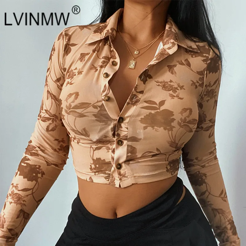 

LVINMW Blouse Vintage Temperament Floral Button Up Shirt Women Single Breasted Casual Mode Long Sleeve Womens Tops Navel Autumn