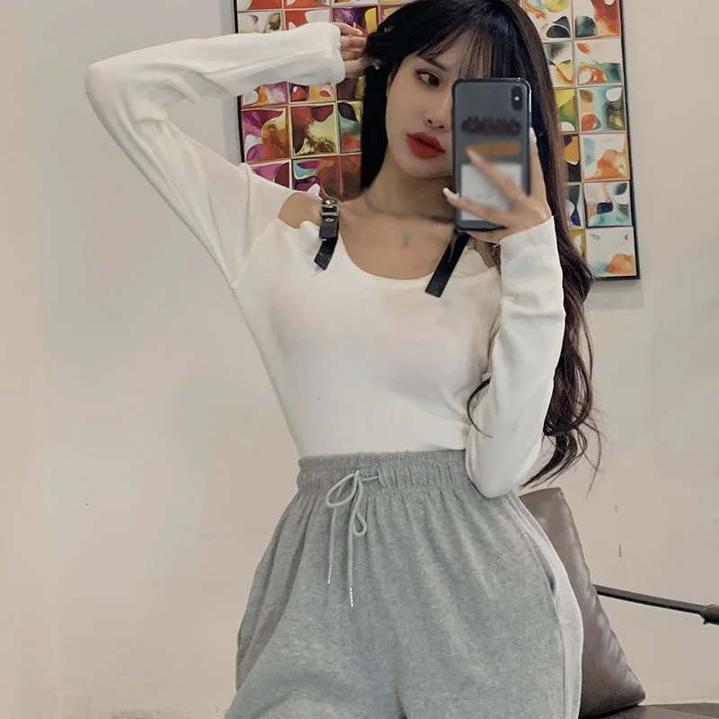 

Sexy Scheming Fake Two-piece Clavicle Hollow Belt Sweater Knitted Pullover