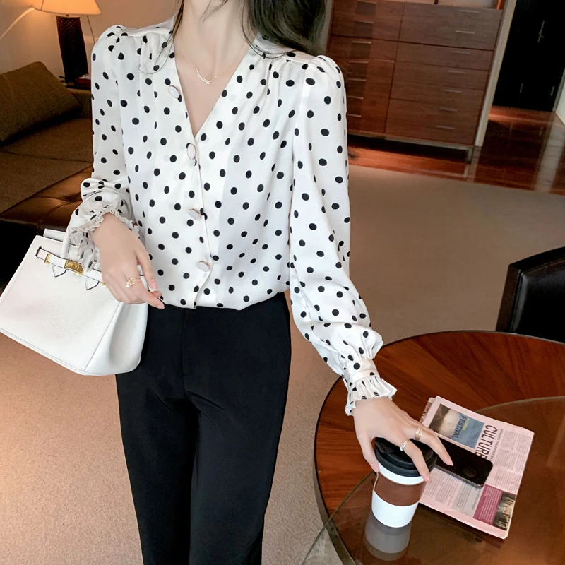

2021Spring summer Long Sleeve V-Neck Shirts Tops Elegant Office Women Button Ladies Polka Dot Print Blouse Shirt
