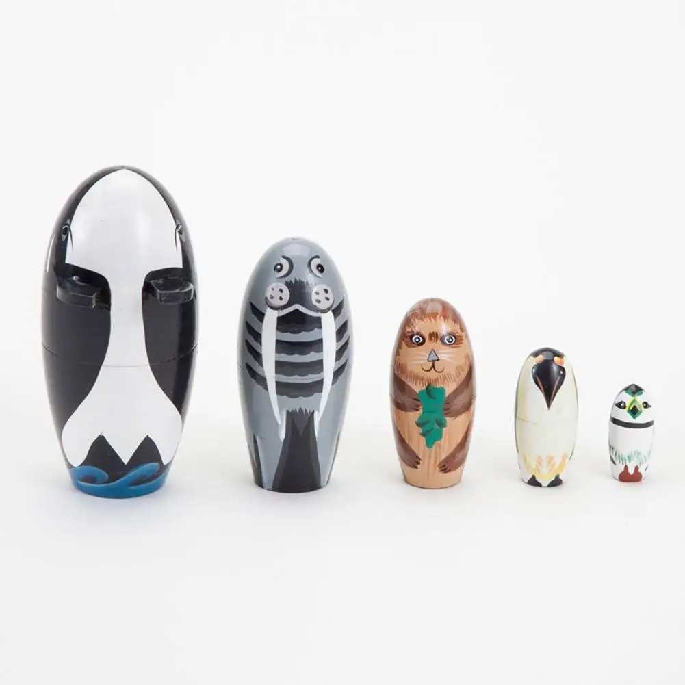 5Pcs/Set Handmade Crafts Russian Nesting Dolls Eco-friendly Different Animal Pattern Schima Superba Whale Doll Kids Toys | Игрушки и