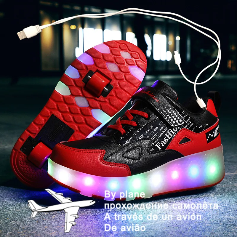 

Children Two Wheels Luminous Glowing Sneakers Blue Pink Red Led Light Roller Skate Shoes Kids Led Shoes Boys Girls USB Charging