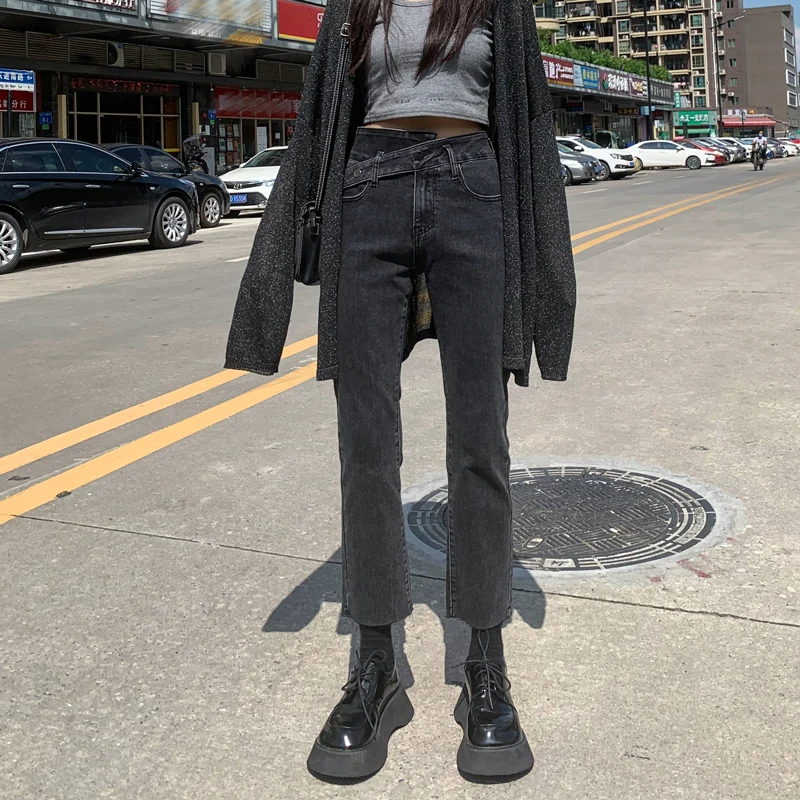 Джинсы женские прямые свободные с высокой талией новинка 2020 серовато черные