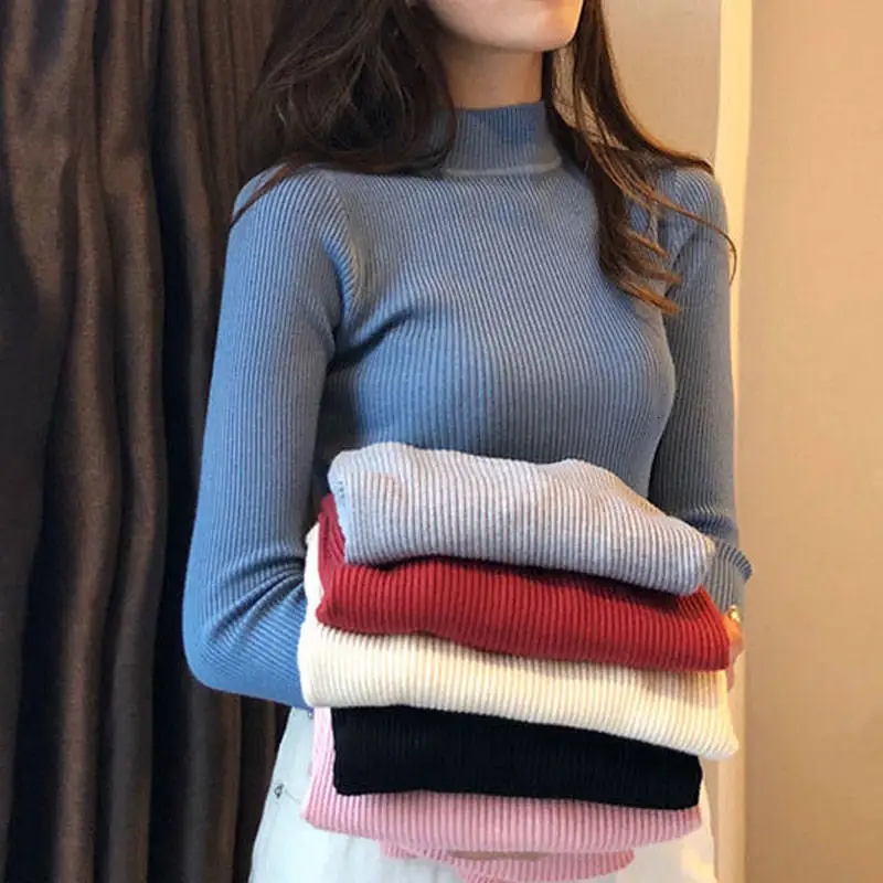 Autumn Winter Big Size 3XL Warm Sweater Women Knitted Ribbed Pullover Long Sleeve Turtleneck Slim Jumper Soft Pull Femme | Женская