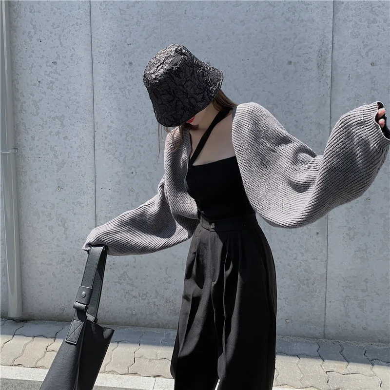 

Women Knitted Cropped Cardigan Sweaters Female Short Coat V Neck Knitwear Spring Autumn Solid Shawl Jacket Korean Fashion Shrug