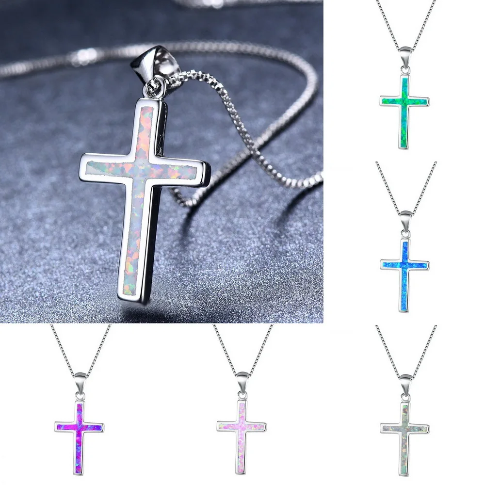 

Simple Colorful Imitation Opal Cross Pendant Choker Necklace Jewelry For Women Kids Silver Color Clavicle Chain Party Jewelry