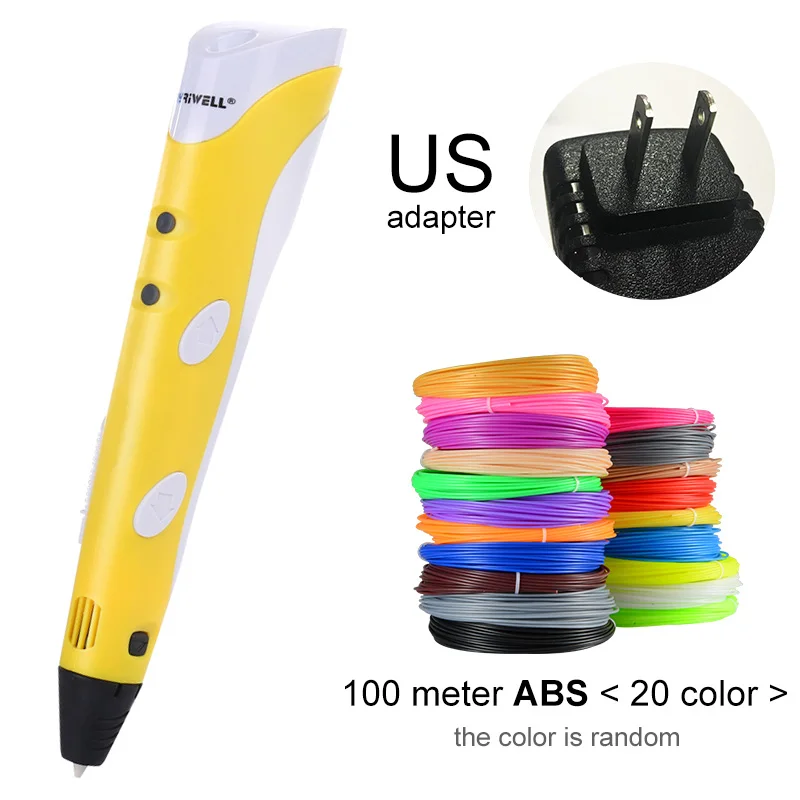 Myriwell, 3D Ручка,, сделай сам, 3D печать, ручка с 100 м ABS/PLA нитью, креативная игрушка, подарок для детей, дизайнерский рисунок - Цвет: Yellow US-100m ABS