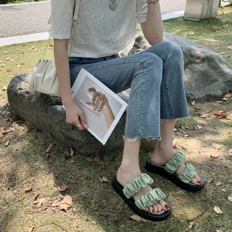 

Shoes Woman 2021 Slippers Soft Platform Low Luxury Slides Shale Female Beach Pantofle Square Toe Comfort Flat Summer Designer Sa