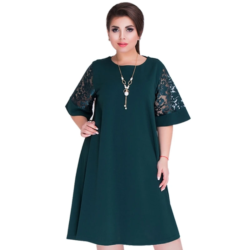 

2018 Splice Loose Lace Summer Dresses Plus Size Women Knee-Length Office Dress 23GE