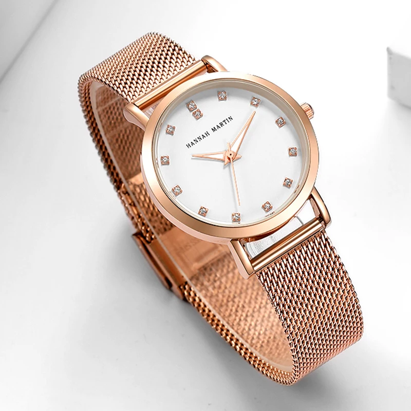 

Hannah Martin Ladies Watch Japan Quartz Movement Diamond Stainless Steel Mesh Women Watches Business Milanese Clock Reloj Mujer