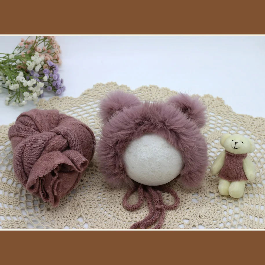 

3pcs/set Newborn Photography Props Blanket Hat Baby Photography Wrap Props Bear Doll Baby Photo Accessories