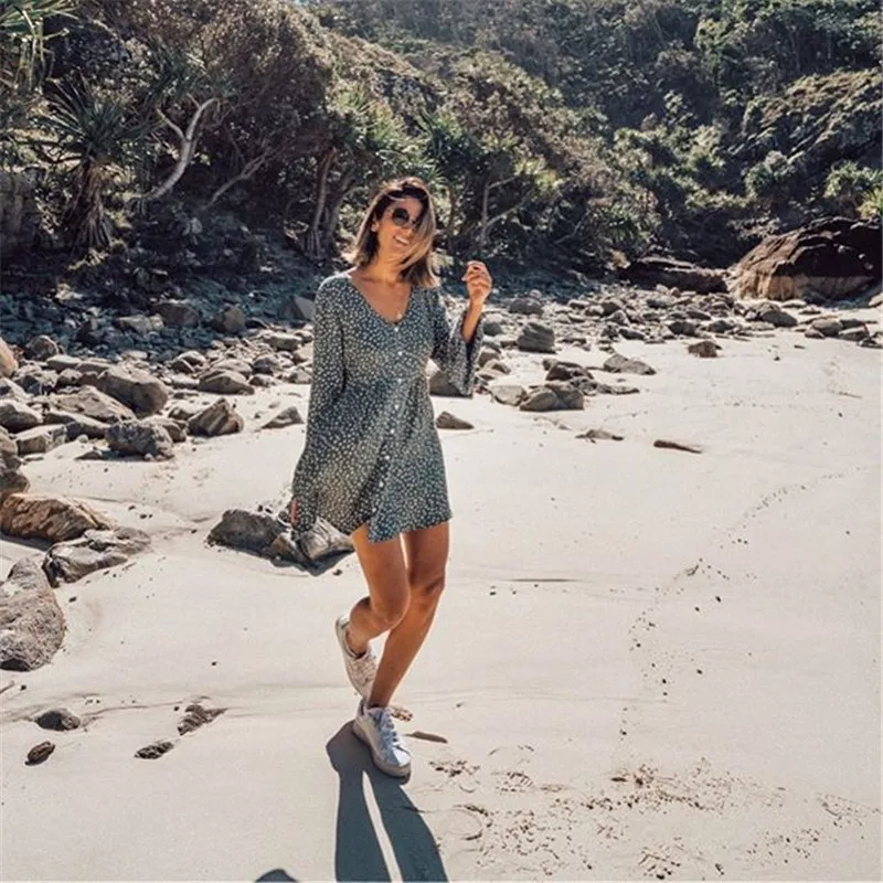 

Casual Vintage Women Print Mini Dress Spring 2020 Single Breasted Flare Sleeves Loose Dress