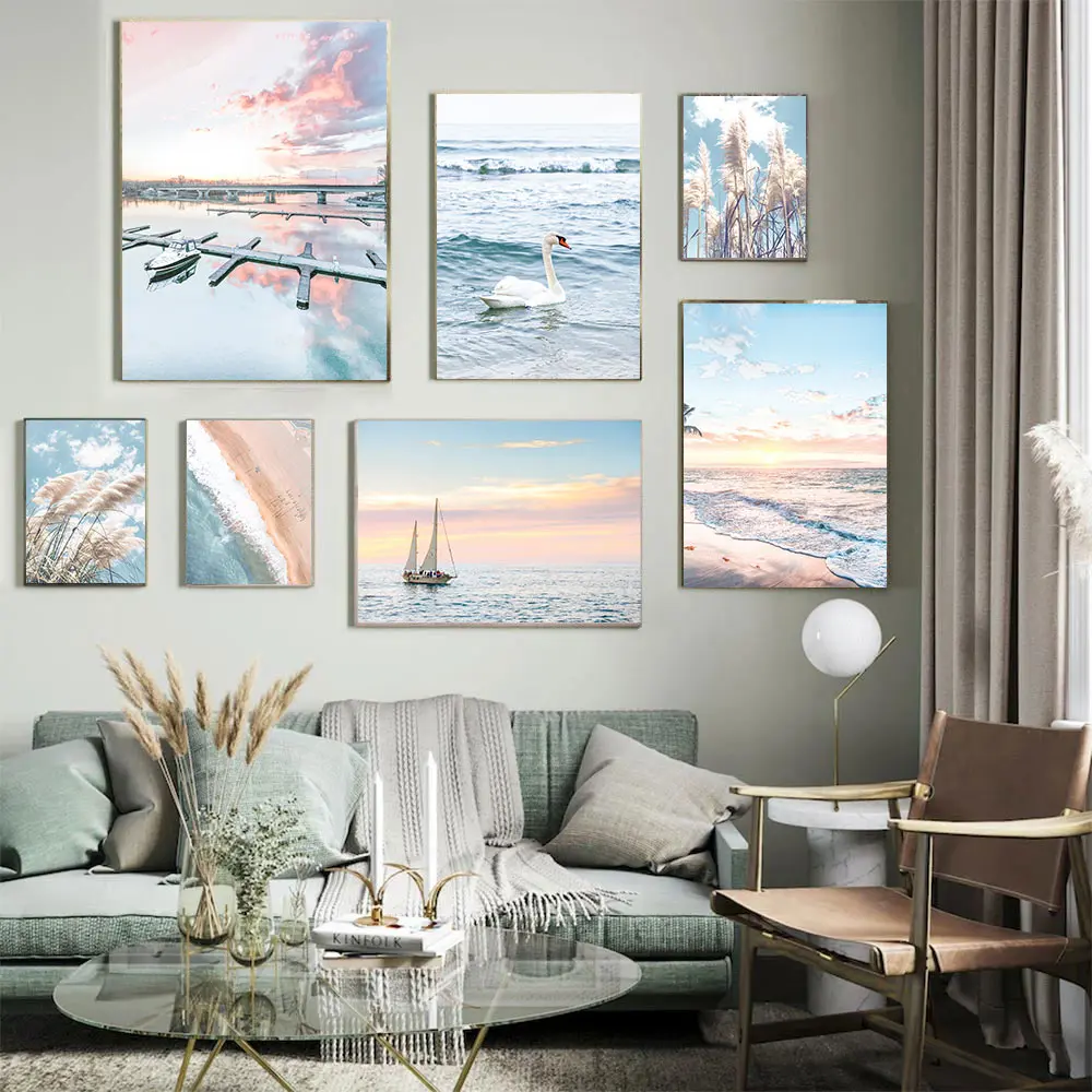 

Scandinavian Beach Sea Scenery Canvas Painting Hay Swan Wall Art Poster Nordic Modern Wall Pictures For Living Room Decoration