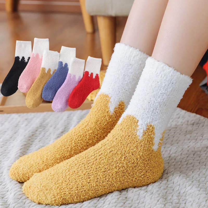 

Coral Fleece Thick Fluffy Socks For Women Candy Color Winter Keep Warm Socks Home Indoor Floor Towel Socks Female Sleep Socks