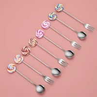 1pc 14cm lollipop shape coffee spoon 304 stainless steel stirring sugar teaspoon fruit fork dessert scoop kitchen tableware