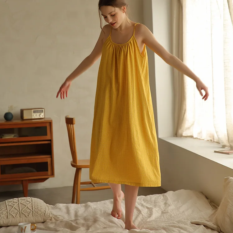 Новинка 100% хлопок и лен Ночное платье для женщины Имбирно жёлтый Пижама