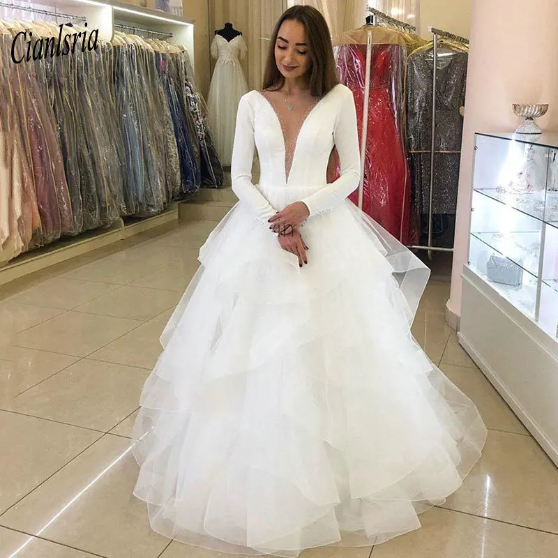 

Gorgeous Deep V-Neck Ruffles Tiered Skirt Open Back Country Wedding Dresses Long Sleeve Beading Pearls Bridal Wedding Dress