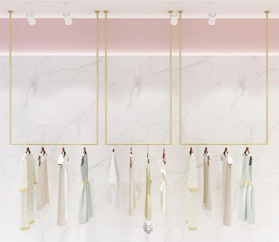

Clothes store hanging shelf hanging gold display shelf wall ceiling hanger hanging clothes rack wall